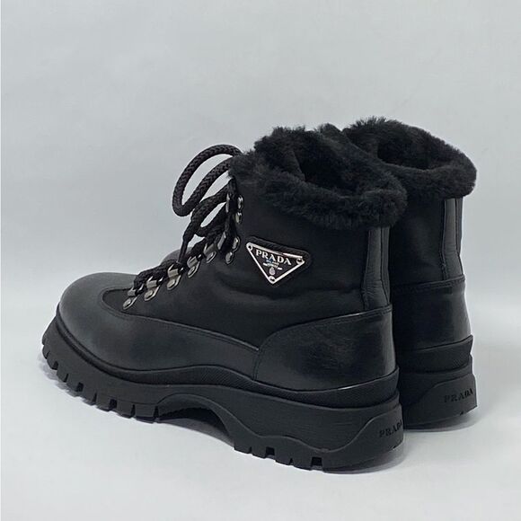 Prada Brixxen 38 Shearling-Lined Leather & Nylon Hiking Boots size 37.5 - Picture 8 of 13